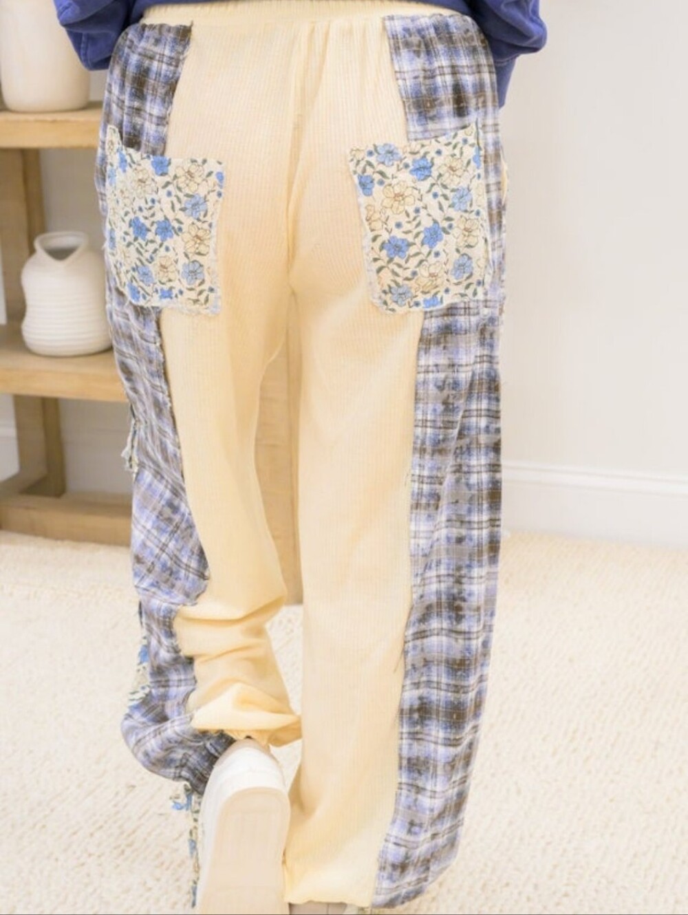 POL Boho Blue Cream Plaid Floral Cotton Jogger Pants NEW - Picture 6 of 6